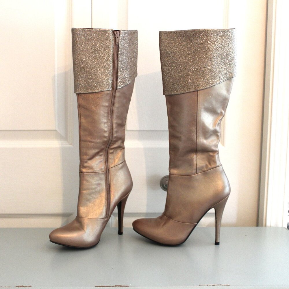 Gold Champaign Leather Boots Heels Size 8
